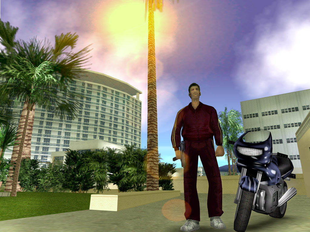 Tommy Vercetti beside a motorcycle in Vice City