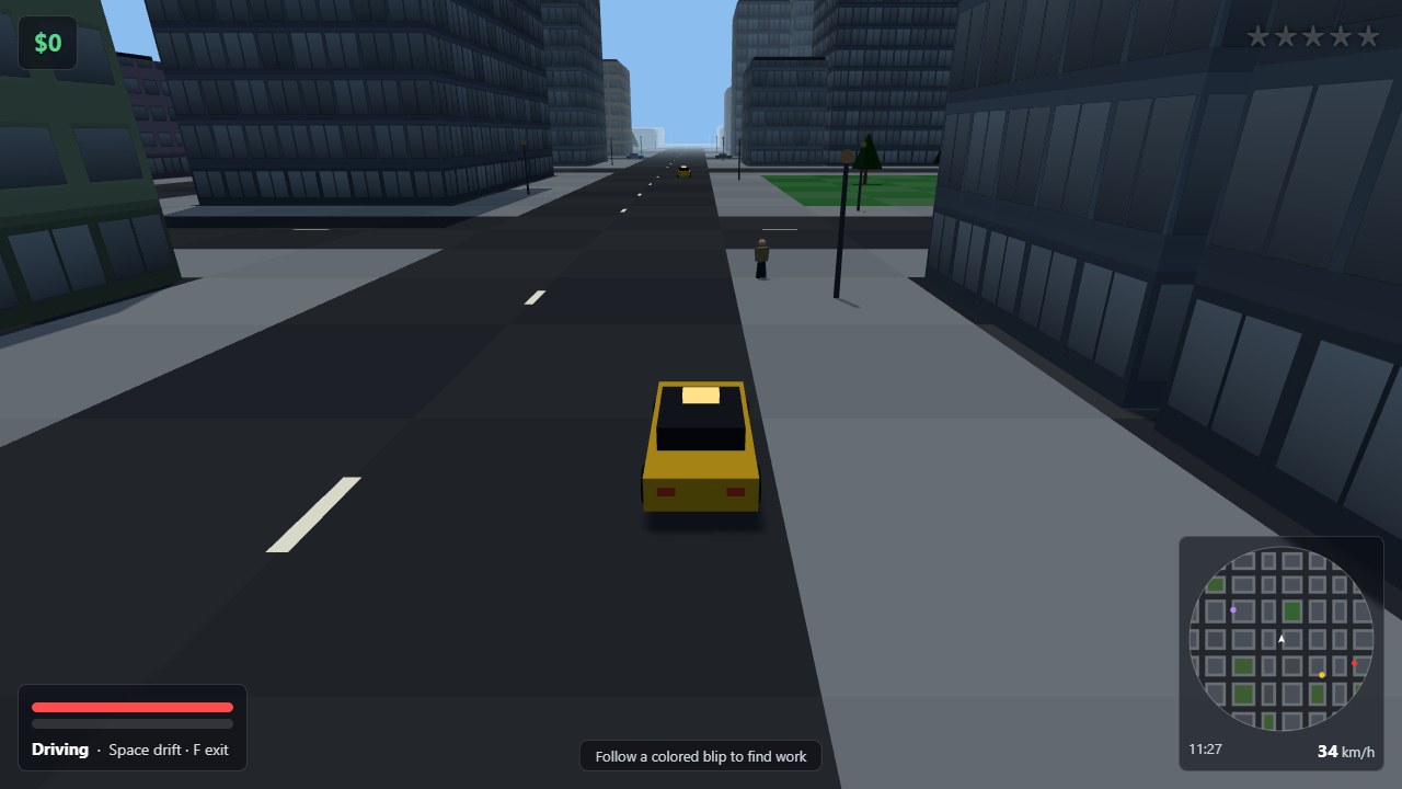 Driving past buildings in Overdrive City during daylight