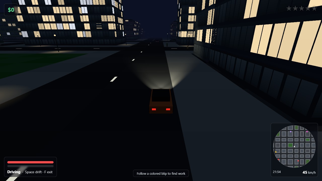 A car on a city street at night in Overdrive City